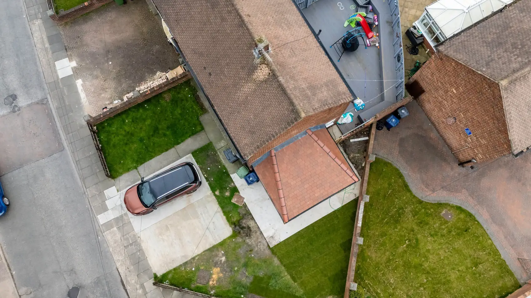 Top-down aerial view of the hipped-roof rear extension, South Shields