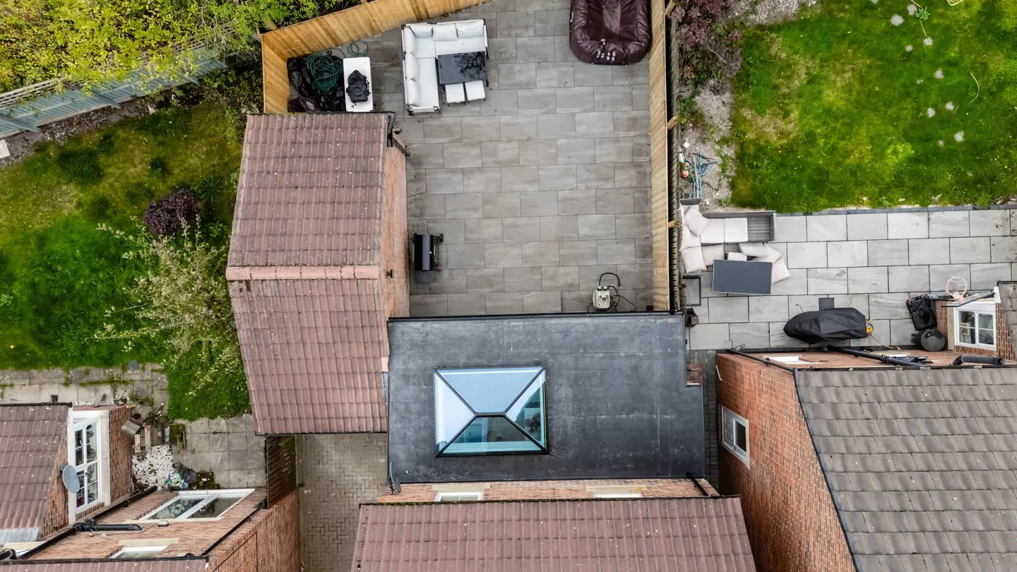 Aerial view of a rear kitchen extension with roof lanterns, Shiremoor