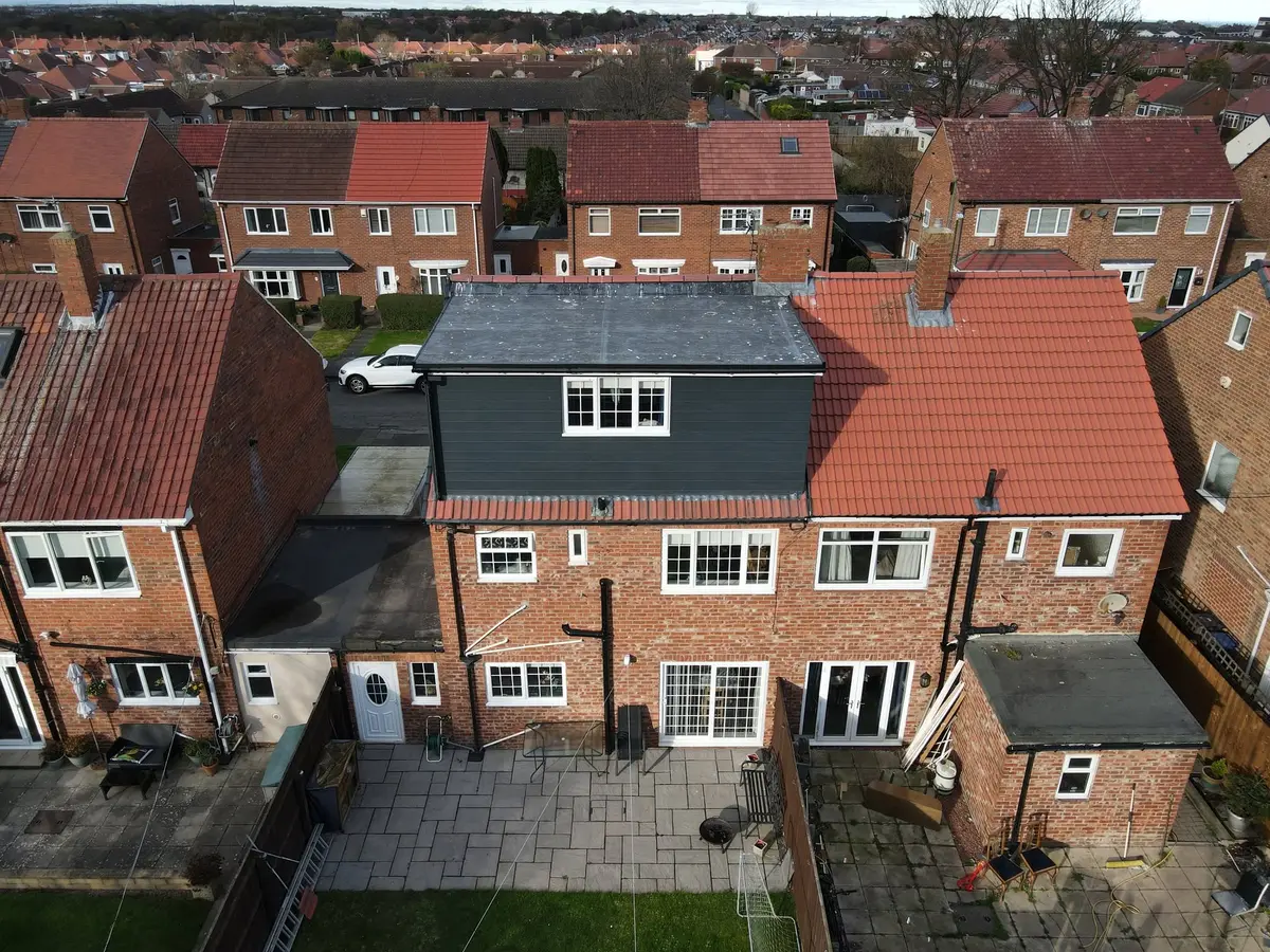 Aerial view of a clad rear elevation after a two-bedroom loft conversion, South Shields