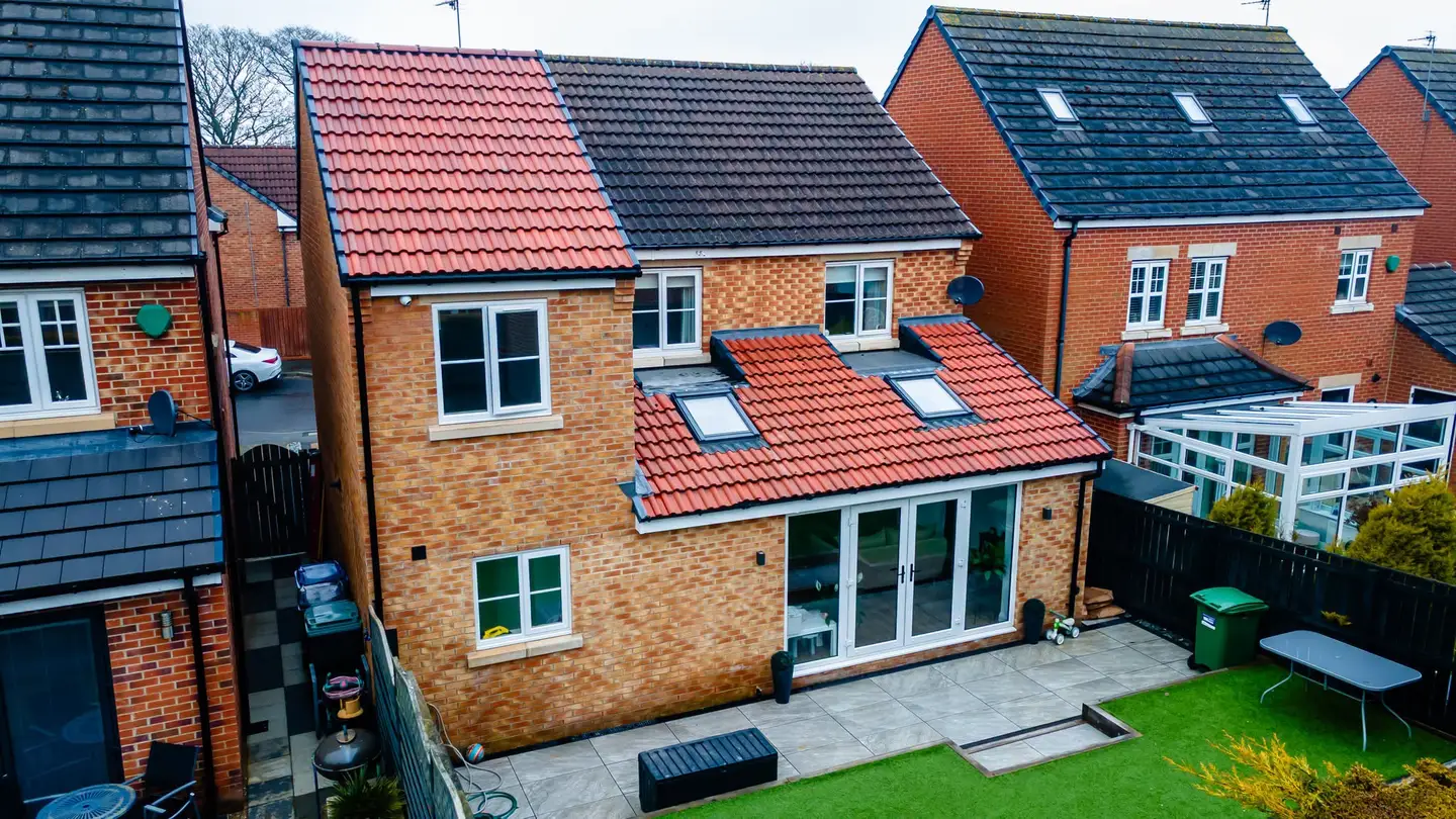 Aerial view of a two-storey rear extension with a red tiled roof and bifold doors, South Shields