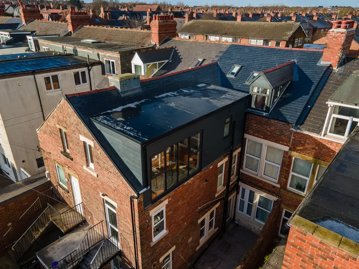 Box dormer on the converted loft from above, Whitley Bay