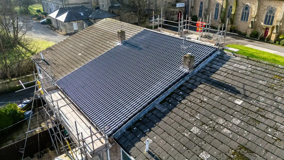 The re-roof in progress with scaffold up, Hebburn